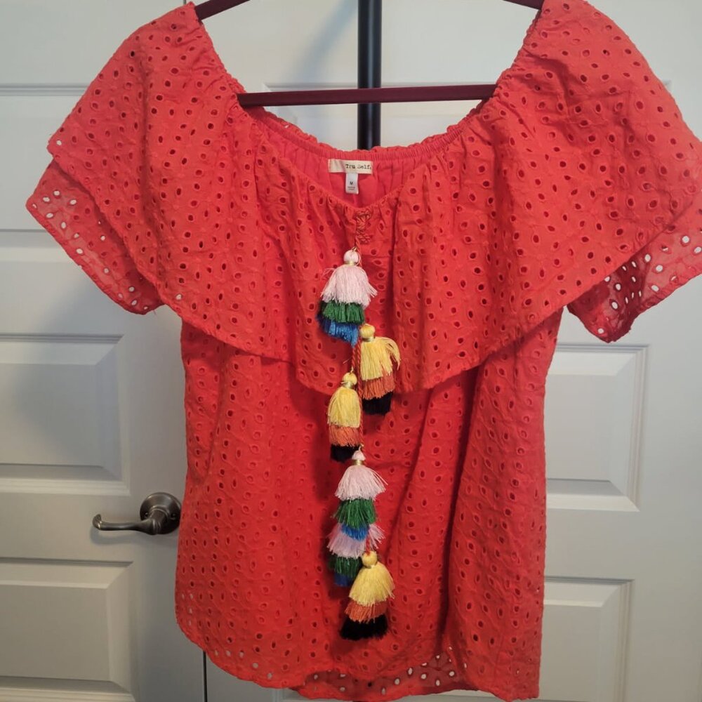 Tru Self Tangerine Eyelet Top, Size M